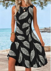 Black Shirred Leaf Print Sleeveless Round Neck Dress