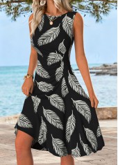 Black Shirred Leaf Print Sleeveless Round Neck Dress | thumb picture 