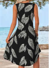 Black Shirred Leaf Print Sleeveless Round Neck Dress | thumb picture 