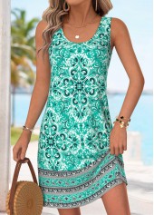 Green Tummy Coverage Tribal Print Short Sleeveless Dress