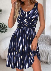 Navy Tummy Coverage Geometric Print Short Sleeveless Dress