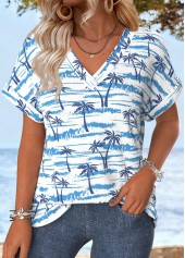 Multi Color Tummy Coverage Tropical Plants Print T Shirt