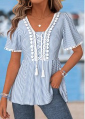 Light Blue Peplum Striped Short Sleeve T Shirt