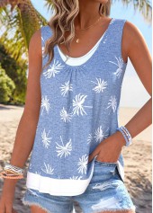 Blue Fake 2in1 Tropical Plants Print Sleeveless Tank Top | thumb picture 