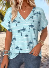 Blue Tropical Plants Print Short Sleeve T Shirt