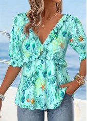 Green Ruffle Marine Life Print Half Sleeve Blouse | thumb picture 
