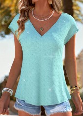 Cyan Handkerchief Hem Short Sleeve V Neck T Shirt | thumb picture 