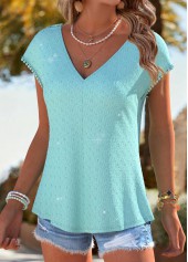 Cyan Handkerchief Hem Short Sleeve V Neck T Shirt | thumb picture 