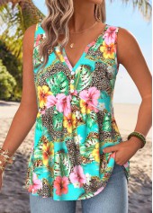 Mint Green Button Floral Print Sleeveless Tank Top | thumb picture 