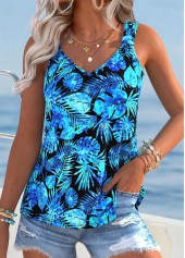 Sky Blue Tummy Coverage Leaf Print Sleeveless Tank Top