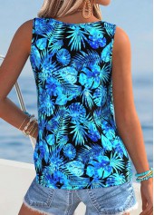 Sky Blue Tummy Coverage Leaf Print Sleeveless Tank Top | thumb picture 