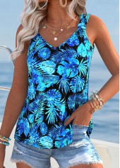 Sky Blue Tummy Coverage Leaf Print Sleeveless Tank Top | thumb picture 