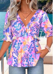 Light Purple Peplum Leaf Print Half Sleeve Blouse