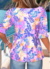 Light Purple Peplum Leaf Print Half Sleeve Blouse | thumb picture 