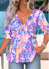 Light Purple Peplum Leaf Print Half Sleeve Blouse | thumb picture 