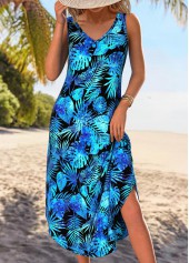 Plus Size Blue Tummy Coverage Leaf Print Sleeveless Dress