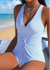 Tummy Coverage Striped Blue One Piece Swimwear