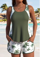 Pocket Mid Waisted Tropical Plants Print Tankini Set