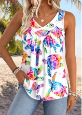 White Tummy Coverage Marine Life Print Sleeveless Tank Top