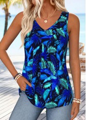 Dark Blue Tummy Coverage Leaf Print Sleeveless Tank Top