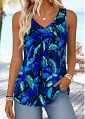 Dark Blue Tummy Coverage Leaf Print Sleeveless Tank Top | thumb picture 