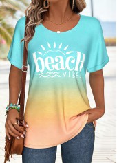 Multi Color Curved Hem Ombre Short Sleeve T Shirt