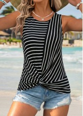 Black Tummy Coverage Striped Sleeveless Round Neck Tank Top
