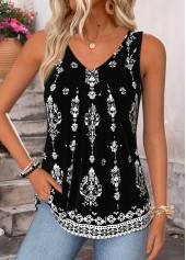 Black Tummy Coverage Tribal Print Sleeveless Tank Top