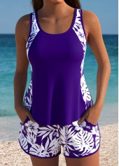 Mid Waisted Floral Print Dark Purple Tankini Set