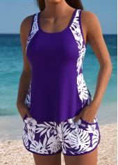 Mid Waisted Floral Print Dark Purple Tankini Set | thumb picture 