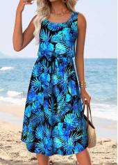 Blue Tummy Coverage Leaf Print Sleeveless Round Neck Dress