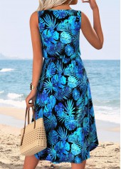 Blue Tummy Coverage Leaf Print Sleeveless Round Neck Dress | thumb picture 