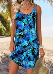 Blue Leaf Print Short Sleeveless Scoop Neck Dress