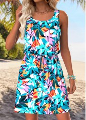 Multi Color Tummy Coverage Leaf Print Short Sleeveless Dress