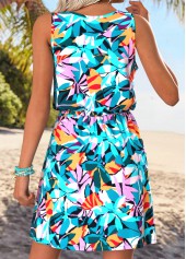 Multi Color Tummy Coverage Leaf Print Short Sleeveless Dress | thumb picture 