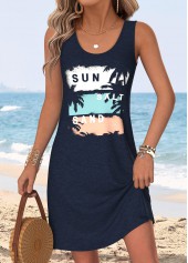 Navy Tummy Coverage Tropical Plants Print Short Sleeveless Dress