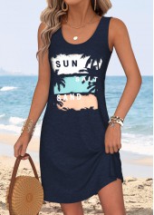 Navy Tummy Coverage Tropical Plants Print Short Sleeveless Dress | thumb picture 