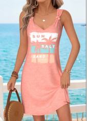 Dusty Pink Tummy Coverage Tropical Plants Print Short Dress