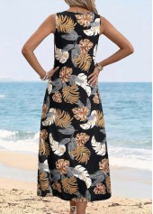 Black Tummy Coverage Leaf Print Sleeveless Round Neck Dress | thumb picture 