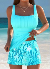 Wrap Mid Waisted Marine Life Print Cyan Tankini Set