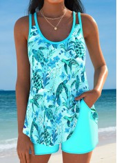 Curved Hem Light Blue Ocean Print Tankini Set