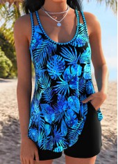 Tummy Coverage Blue Tropical Plants Print Tankini Set | thumb picture 