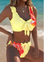Pull On Light Yellow Floral Print Bikini Set
