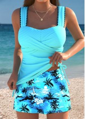 Tummy Coverage Mid Waisted Tropical Plants Print Tankini Set