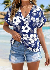 Navy Curved Hem Floral Print Short Sleeve T Shirt | thumb picture 