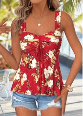 Red Peplum Floral Print Sleeveless Heart Collar Tank Top