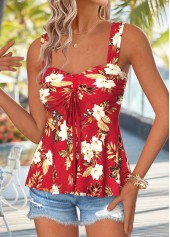 Red Peplum Floral Print Sleeveless Heart Collar Tank Top | thumb picture 