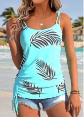 Cyan Curved Hem Leaf Print Sleeveless Camisole Top