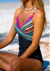 Tummy Control Mid Waisted Striped Black Tankini Set | thumb picture 