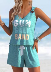 Mint Green Letter Print Sleeveless Tank Top and Shorts | thumb picture 